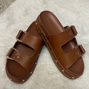 BCBG Brown Double Strap Sandals with Gold Accents, platform